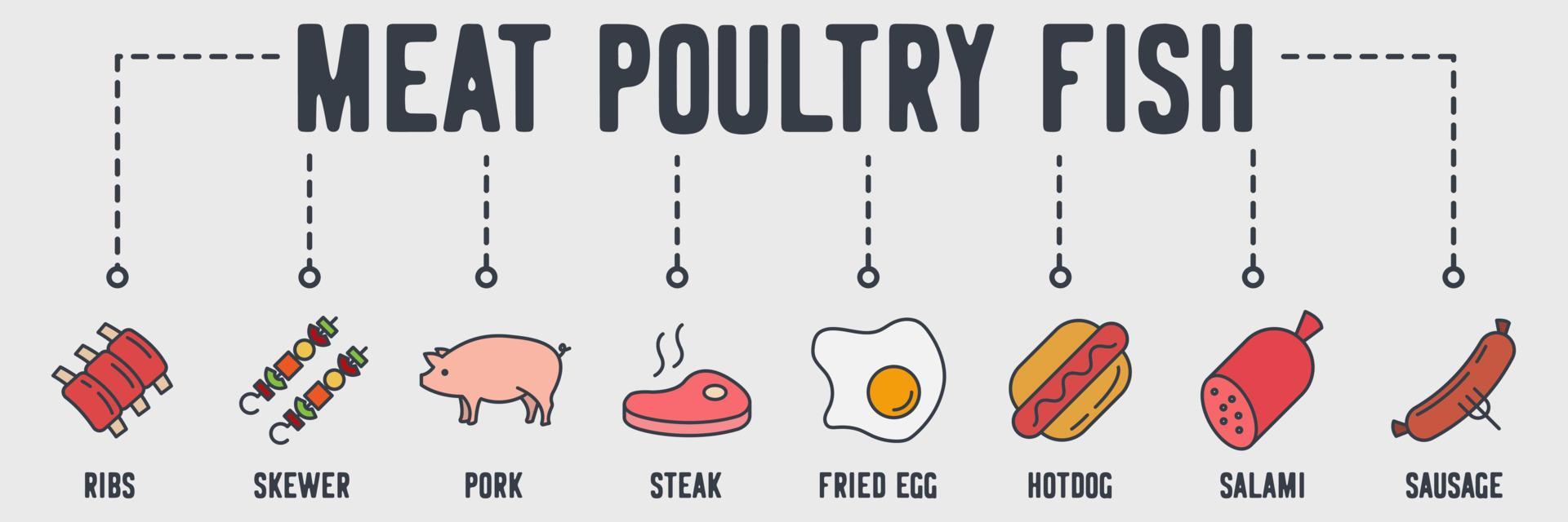 Meat, poultry, fish banner web icon. ribs, skewer, pork, steak, fried