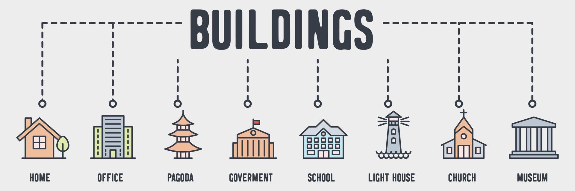 Building banner web icon. home, office, pagoda, government, school, light house, church, museum vector illustration concept.