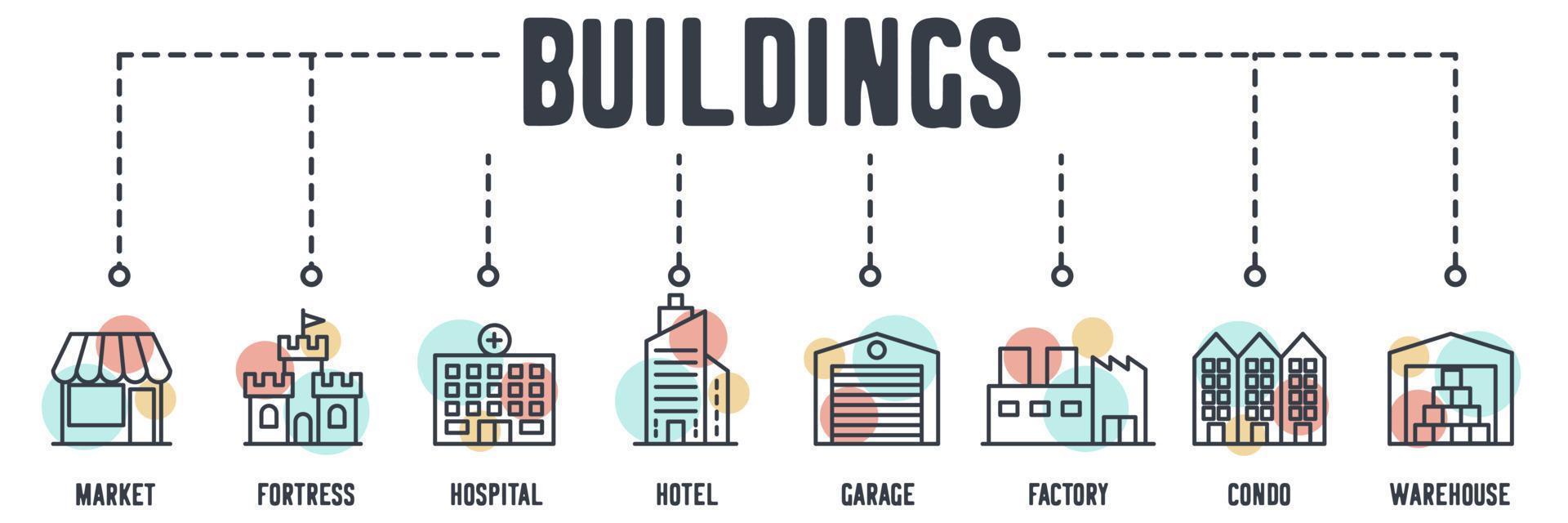 Building banner web icon. market, fortress, hospital, hotel, garage, factory, condo, warehouse vector illustration concept.