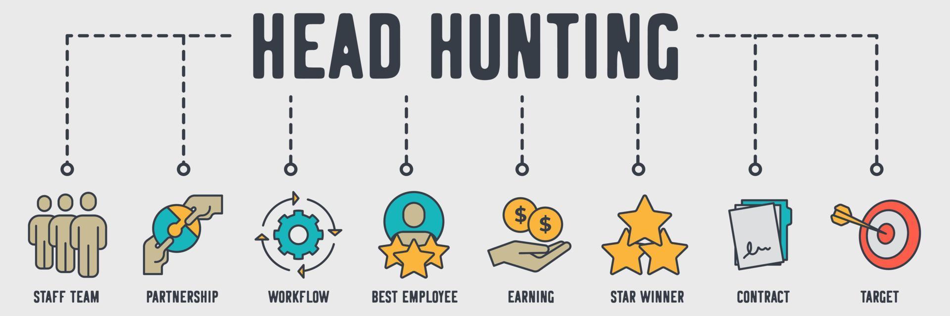Head Hunting banner web icon. staff team, partnership, workflow, best employee, earning, star winner, contract, target vector illustration concept.