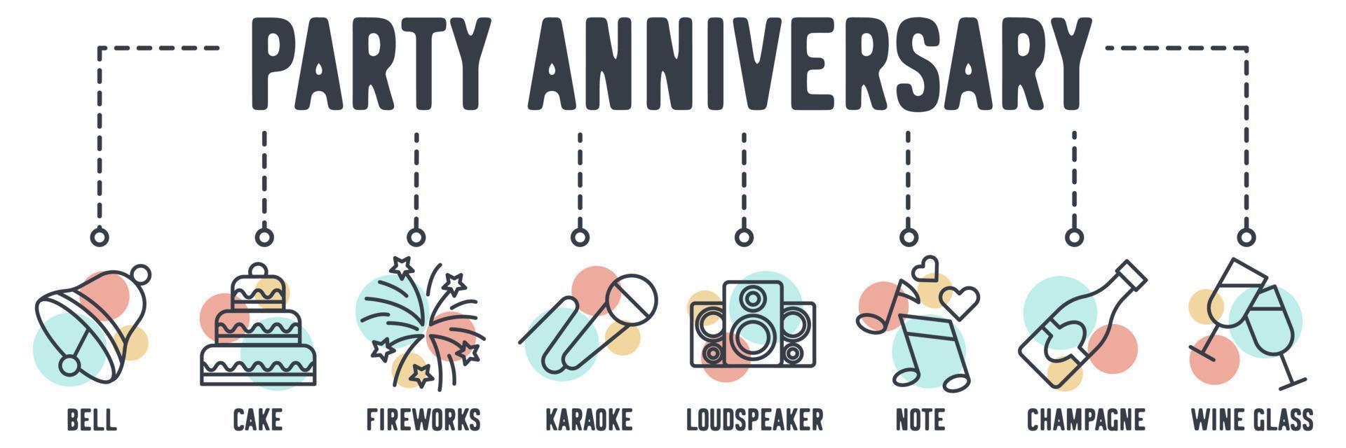 Party Anniversary banner web icon. bell, cake, fireworks, karaoke, loudspeaker, note, champagne, wine glass vector illustration concept.