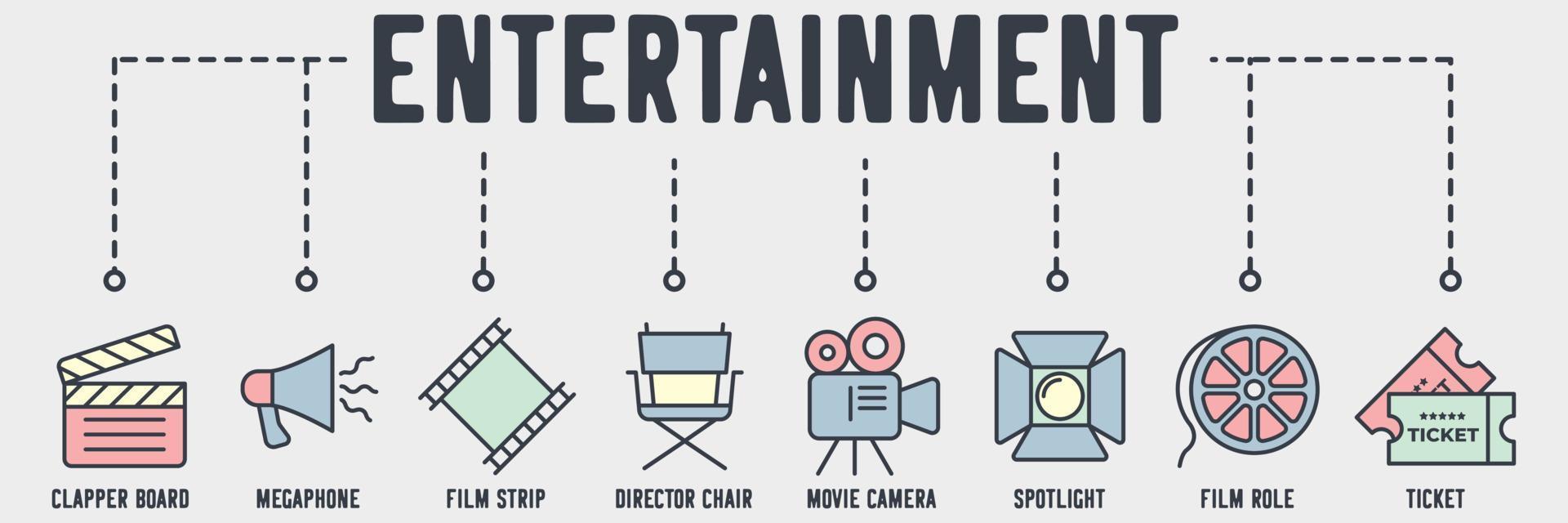 icono de web de banner de entretenimiento de cine. tablero de claqueta, megáfono, tira de película, silla de director, cámara de cine, foco, papel de película, concepto de ilustración de vector de boleto.