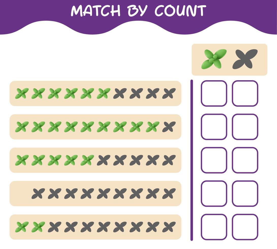 Match by count of cartoon mint leaf. Match and count game. Educational game for pre shool years kids and toddlers vector