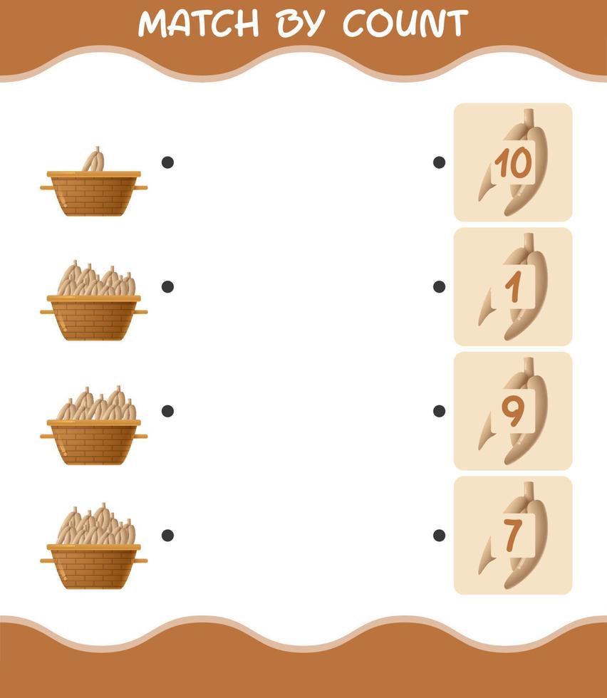 Match by count of cartoon cassava. Match and count game. Educational game for pre shool years kids and toddlers vector
