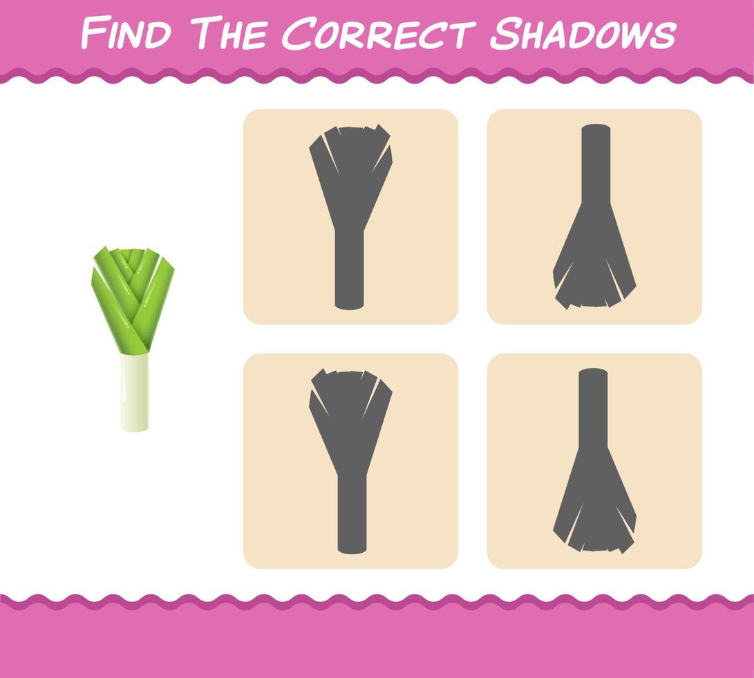 Find the correct shadows of cartoon leek. Searching and Matching game. Educational game for pre shool years kids and toddlers vector