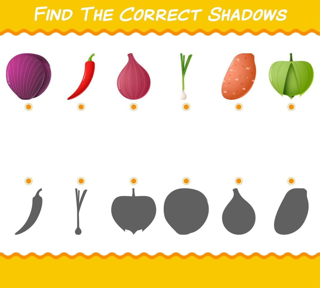 Find the correct shadows of cartoon vegetables. Searching and Matching game. Educational game for pre shool years kids and toddlers vector