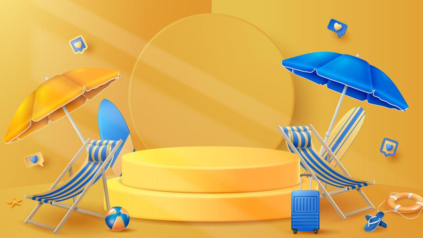 Summer display podium decoration background with beach ornament. Vector 3D Illustration