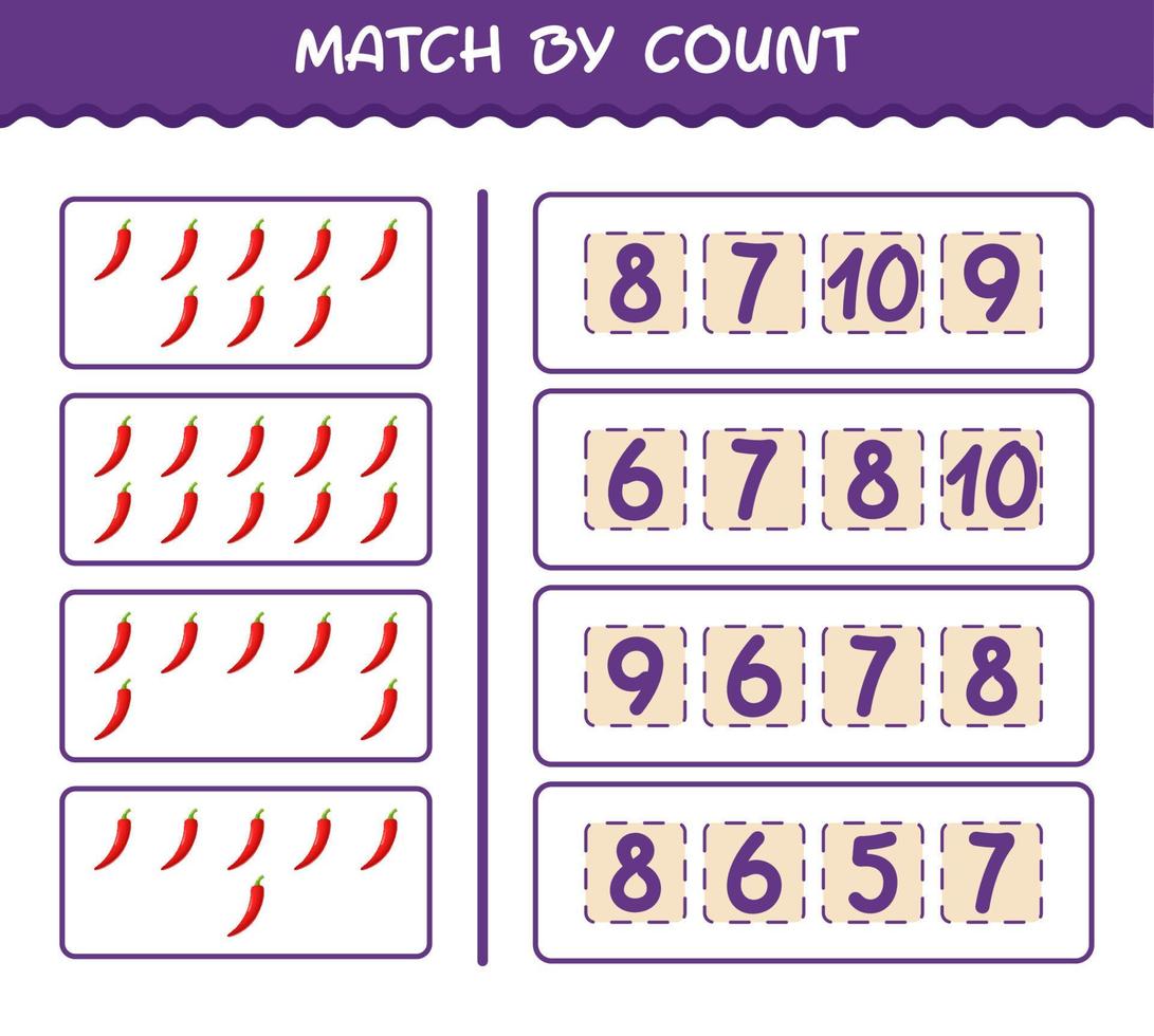 Match by count of cartoon red chilli. Match and count game. Educational game for pre shool years kids and toddlers vector