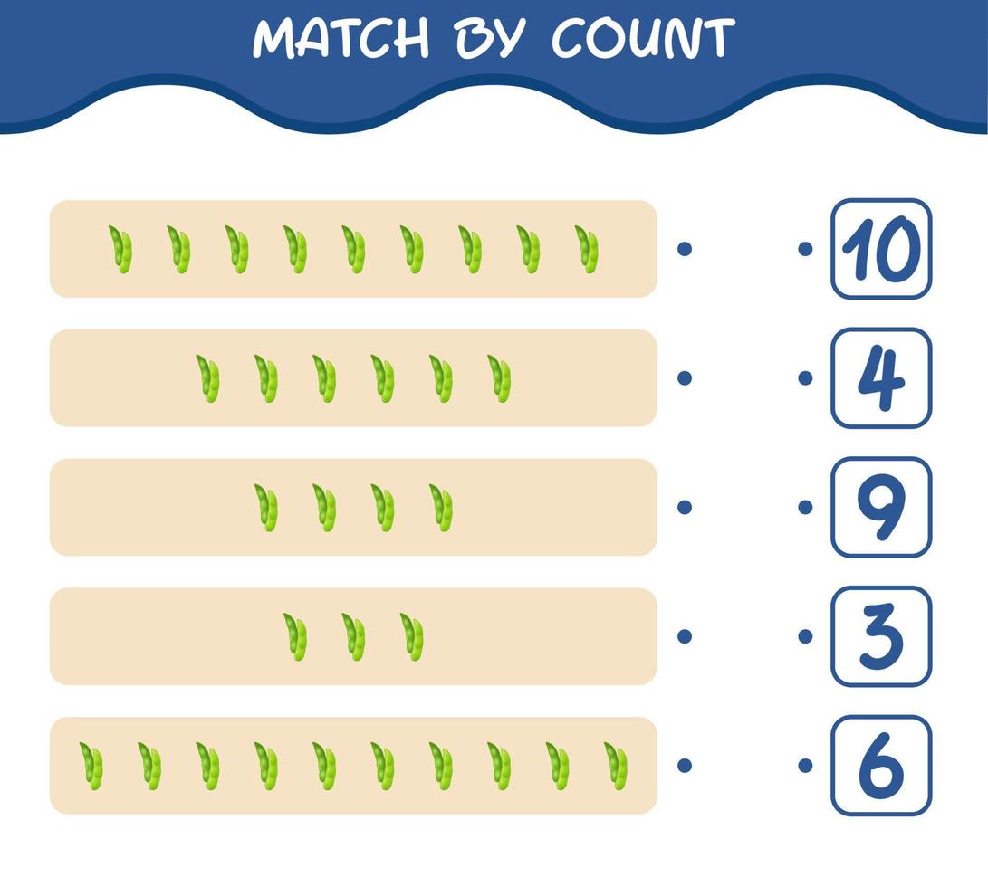 Match by count of cartoon edamame. Match and count game. Educational game for pre shool years kids and toddlers vector