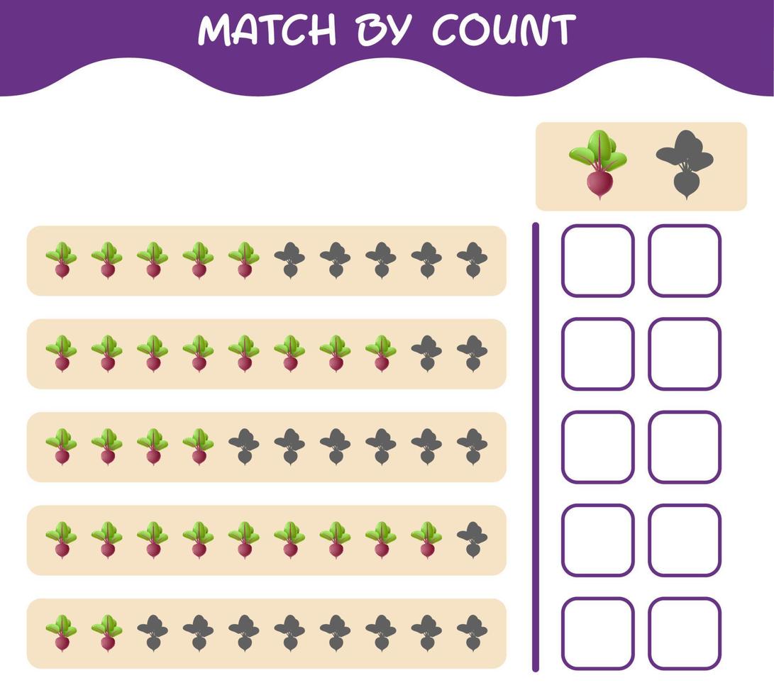 Match by count of cartoon beet. Match and count game. Educational game for pre shool years kids and toddlers vector