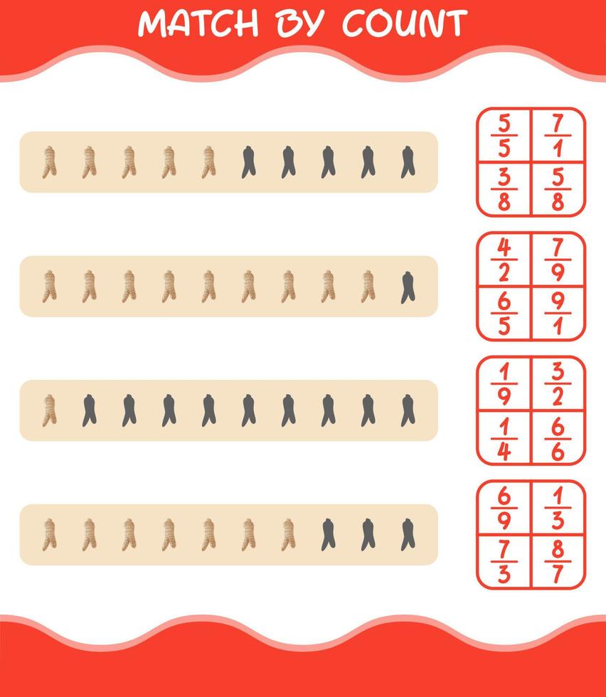 Match by count of cartoon ginseng. Match and count game. Educational game for pre shool years kids and toddlers vector