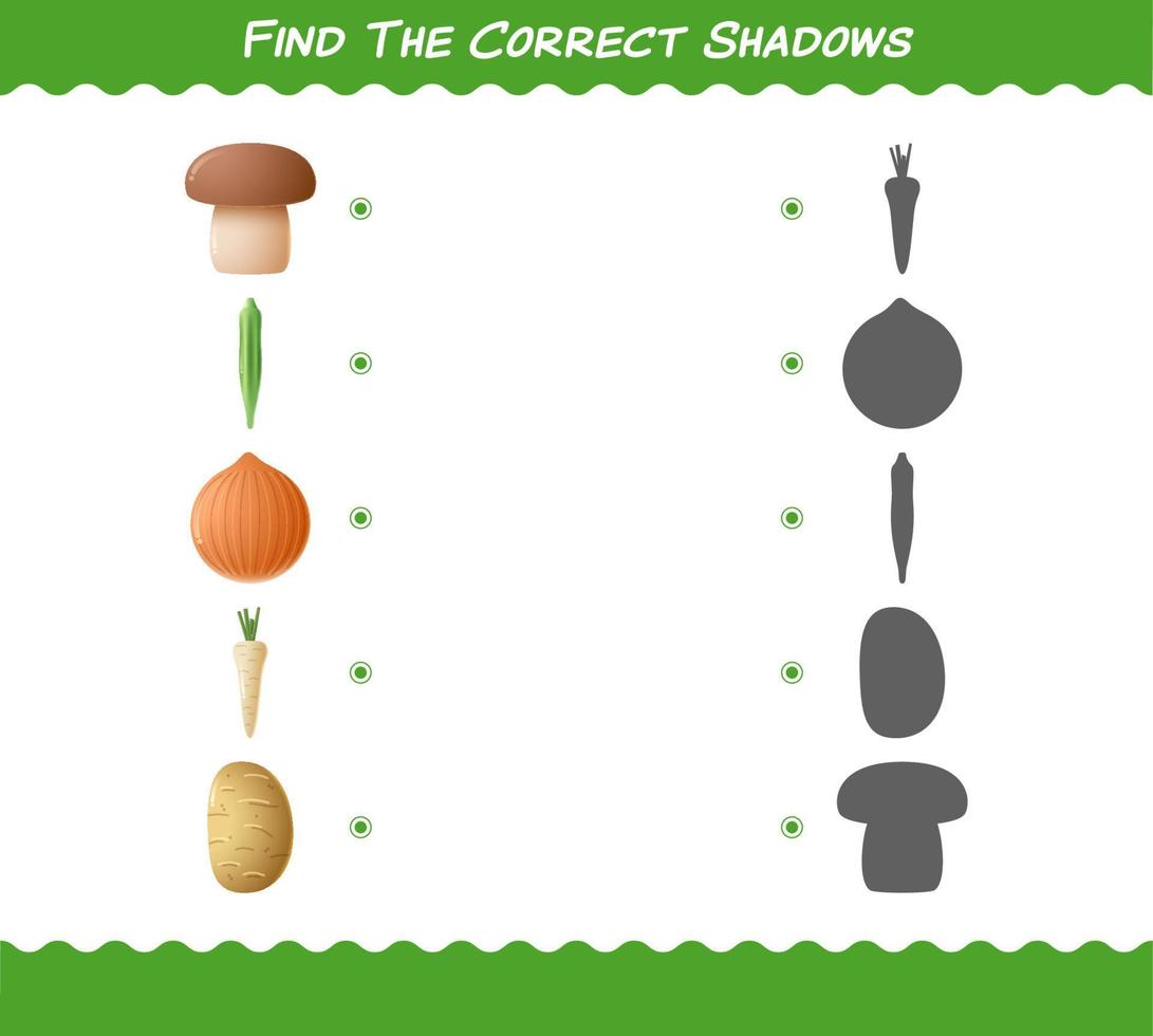 Find the correct shadows of cartoon vegetables. Searching and Matching game. Educational game for pre shool years kids and toddlers vector