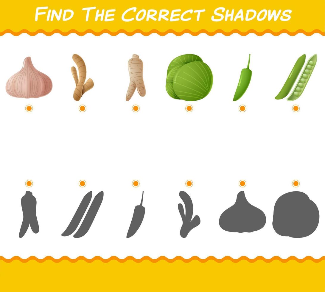 encuentra las sombras correctas de las verduras de dibujos animados. juego de búsqueda y combinación. juego educativo para niños y niños pequeños en edad preescolar vector