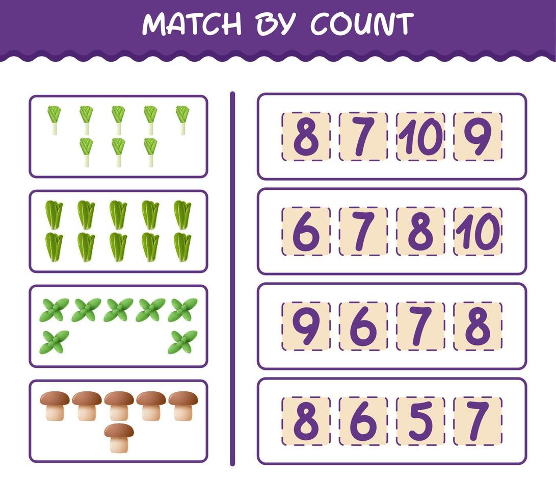 Match by count of cartoon vegetables. Match and count game. Educational game for pre shool years kids and toddlers vector