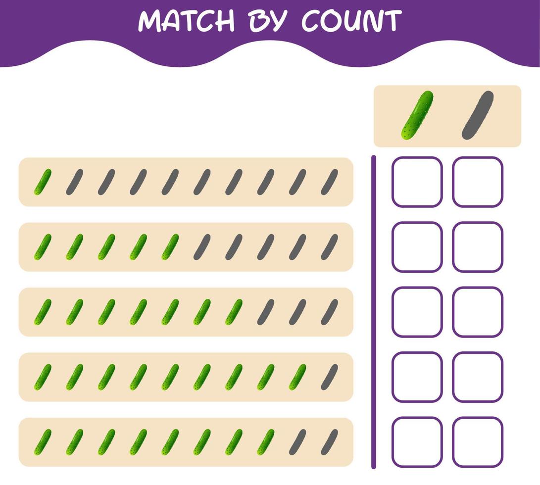 Match by count of cartoon cucumber. Match and count game. Educational game for pre shool years kids and toddlers vector