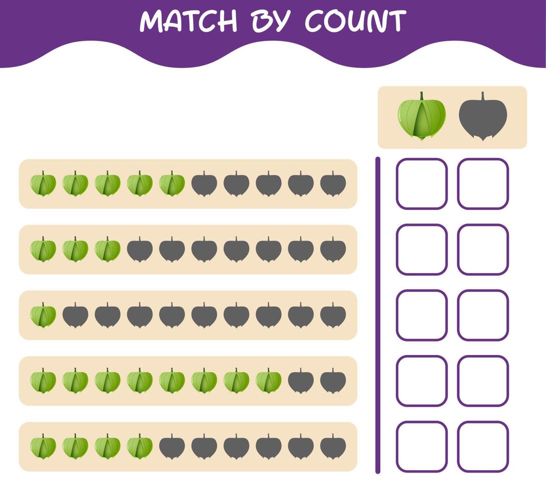 Match by count of cartoon tomatillo. Match and count game. Educational game for pre shool years kids and toddlers vector