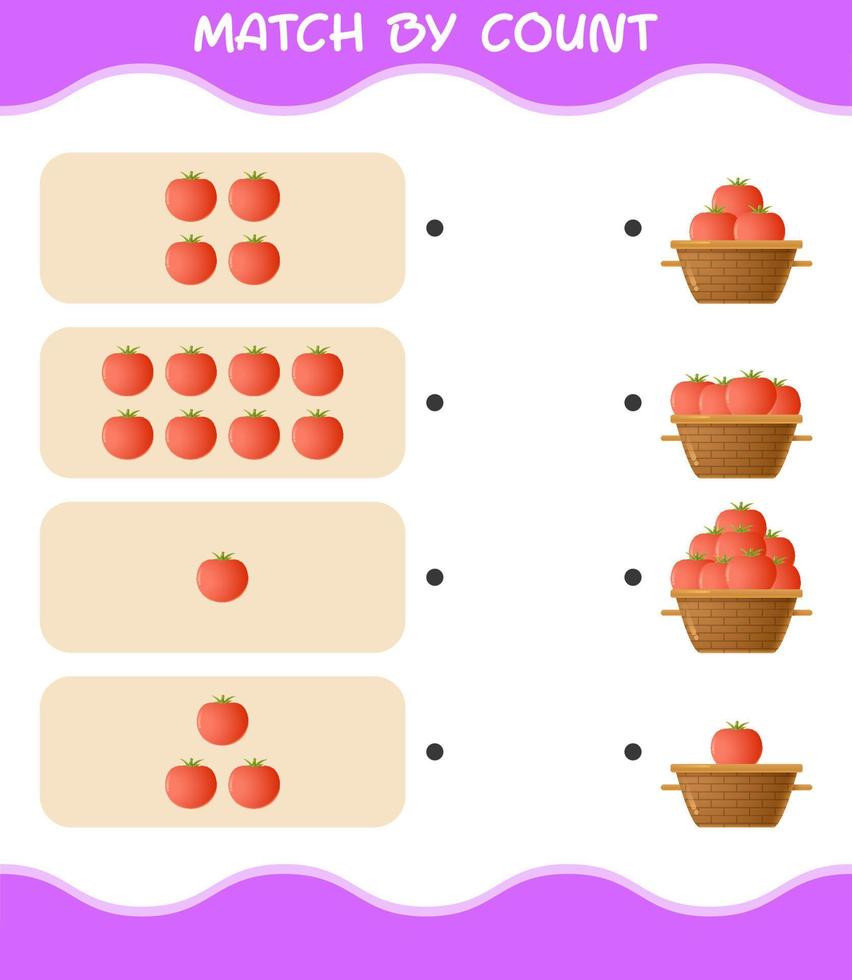 Match by count of cartoon tomato. Match and count game. Educational game for pre shool years kids and toddlers vector