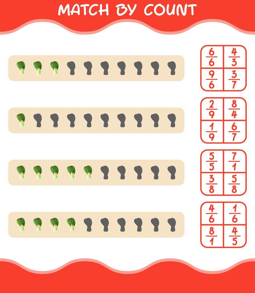 Match by count of cartoon bok choy. Match and count game. Educational game for pre shool years kids and toddlers vector