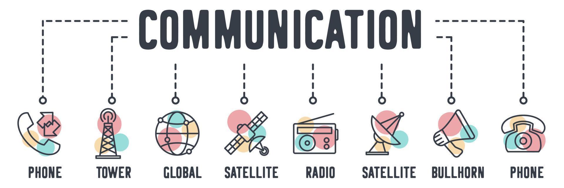 Communication banner web icon. phone conversation, broadcast tower, global connection, satellite, radio, antenna satellite, bullhorn, classic phone vector illustration concept.