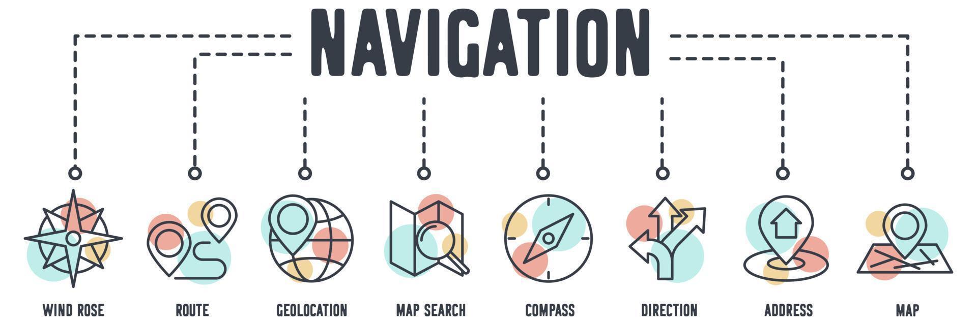 Navigation banner web icon. wind rose, route, geolocation, map search, compass, direction, address, map vector illustration concept.