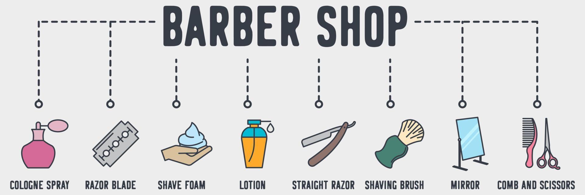 Barber Shop web icon. cologne spray, razor blade, mirror, comb and scissors, straight razor, shaving brush, shave foam, lotion, barber pole vector illustration concept.