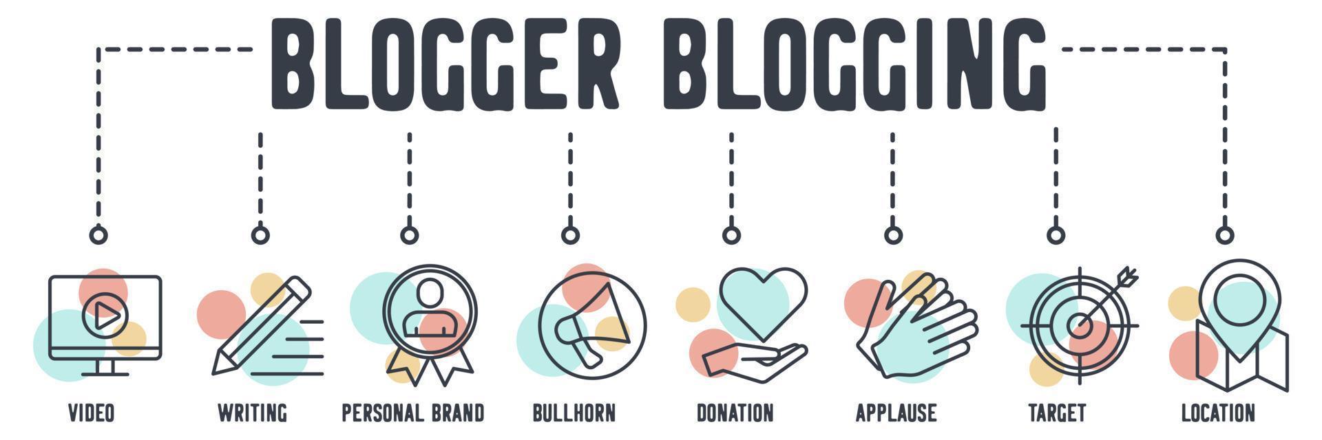 Blogging banner web icon. video, writing, personal brand, bullhorn, donation, applause, target, location vector illustration concept.