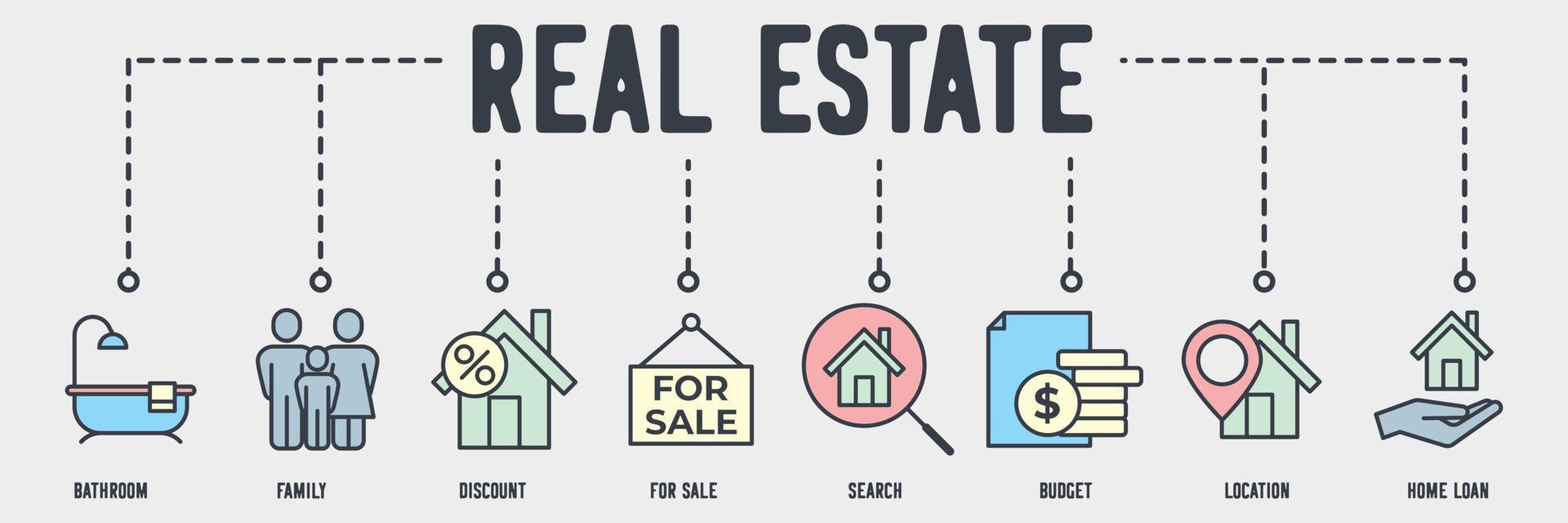 Real Estate banner web icon. for sale, change, house key, bedroom, pool, contract, purchase, toilet, bathroom vector illustration concept.