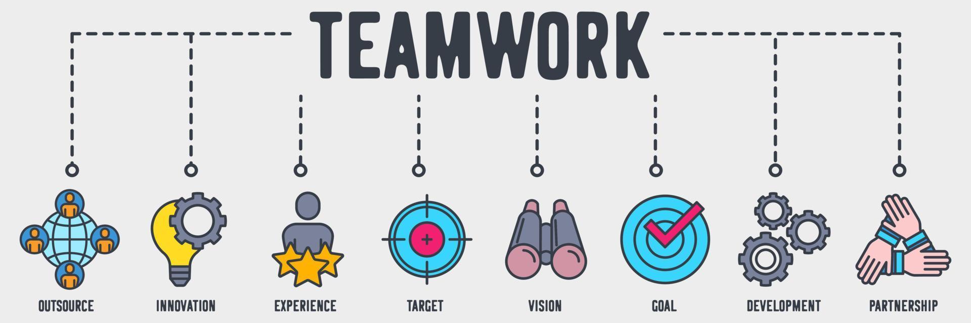 Team Work banner web icon. outsource, innovation, experience, target, vision, goal, development, partnership vector illustration concept.