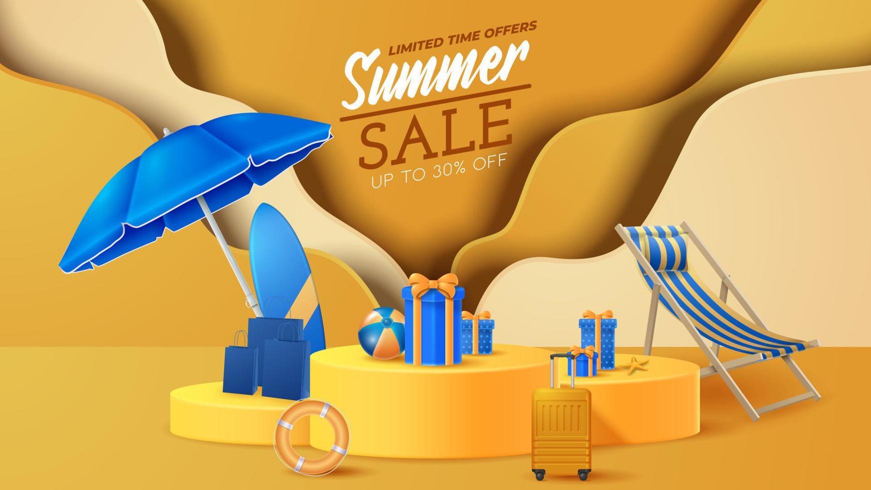 Summer display podium decoration background with beach ornament. Vector 3D Illustration