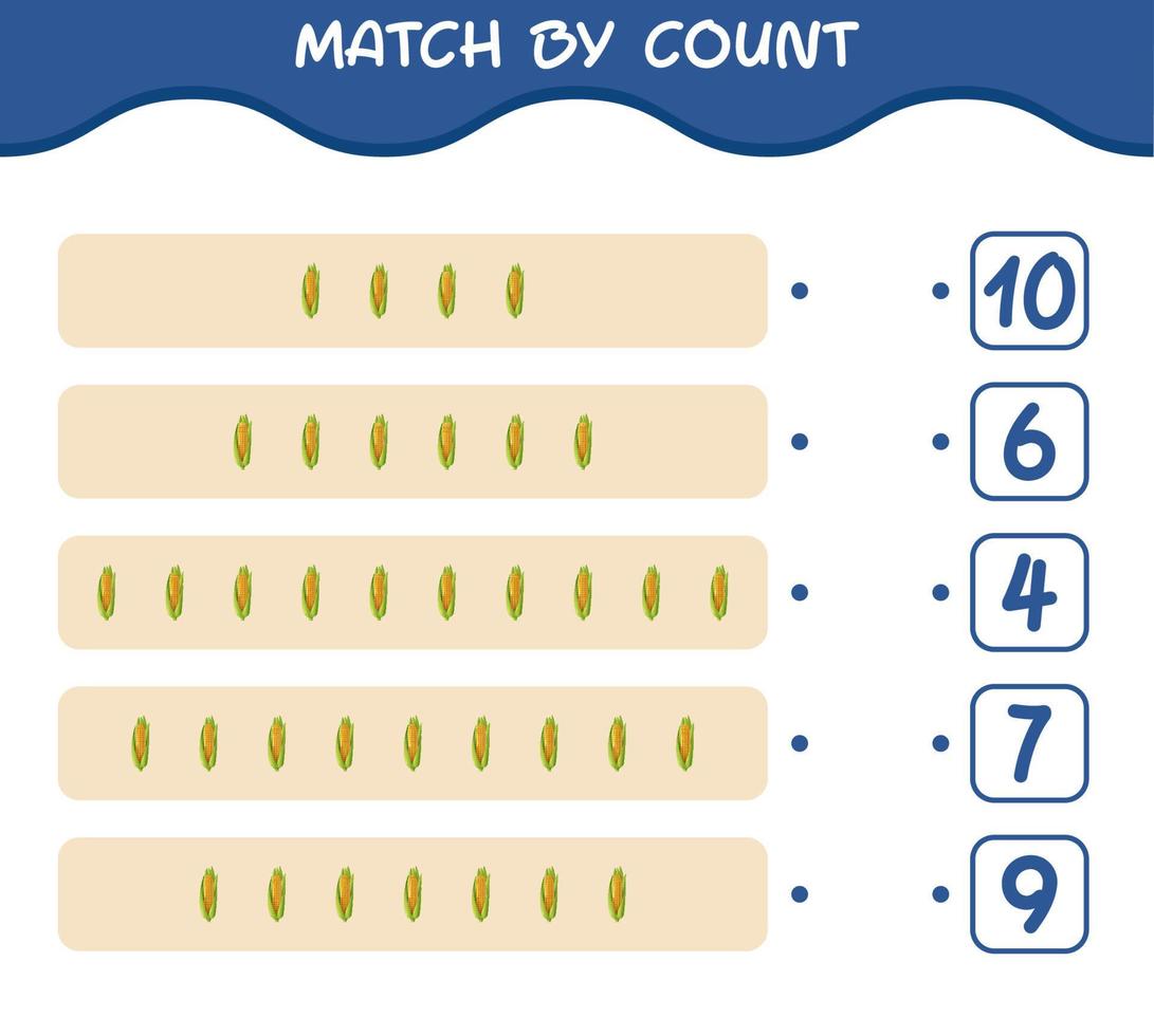 Match by count of cartoon corn. Match and count game. Educational game for pre shool years kids and toddlers vector