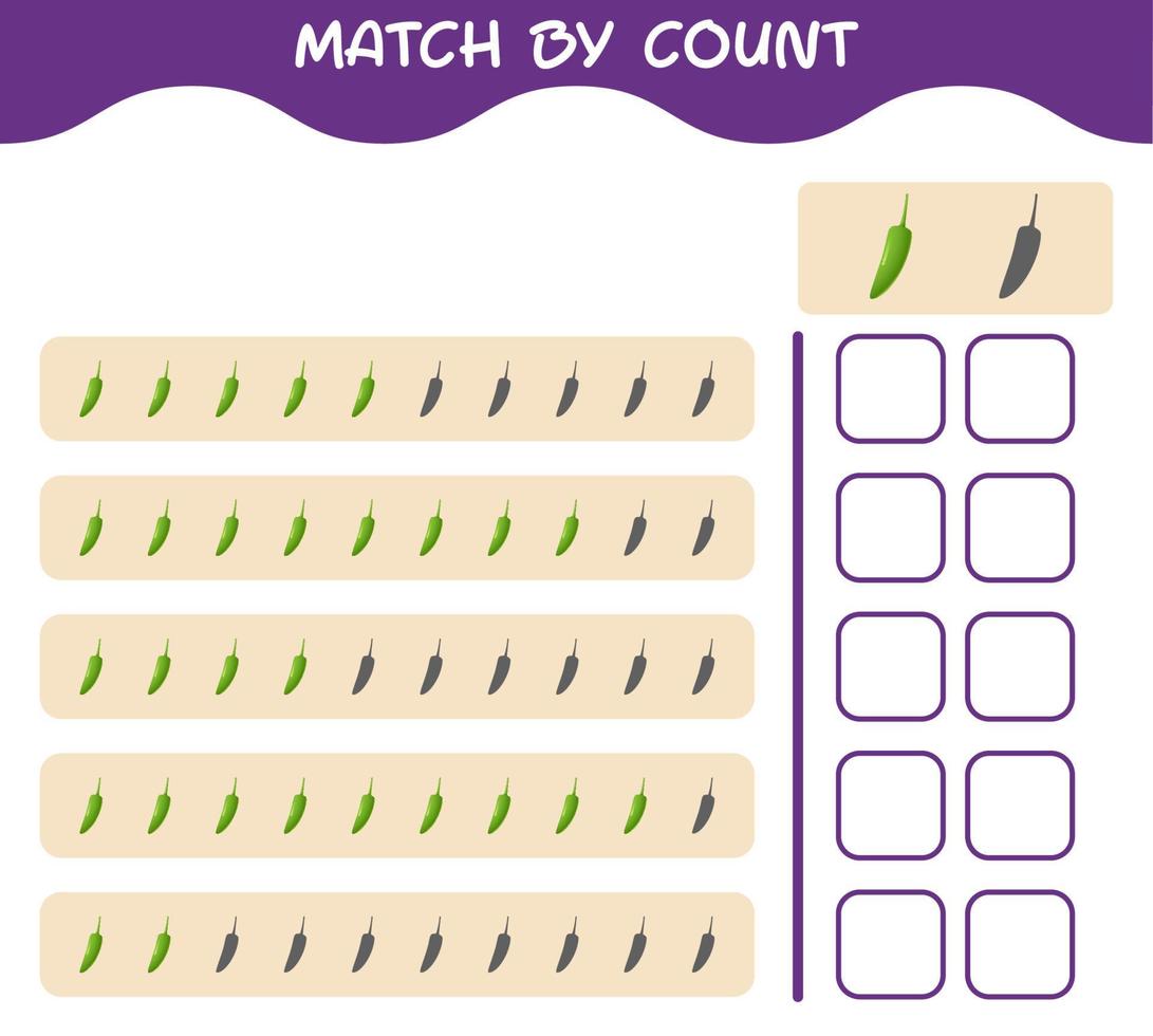 Match by count of cartoon green chilli. Match and count game. Educational game for pre shool years kids and toddlers vector