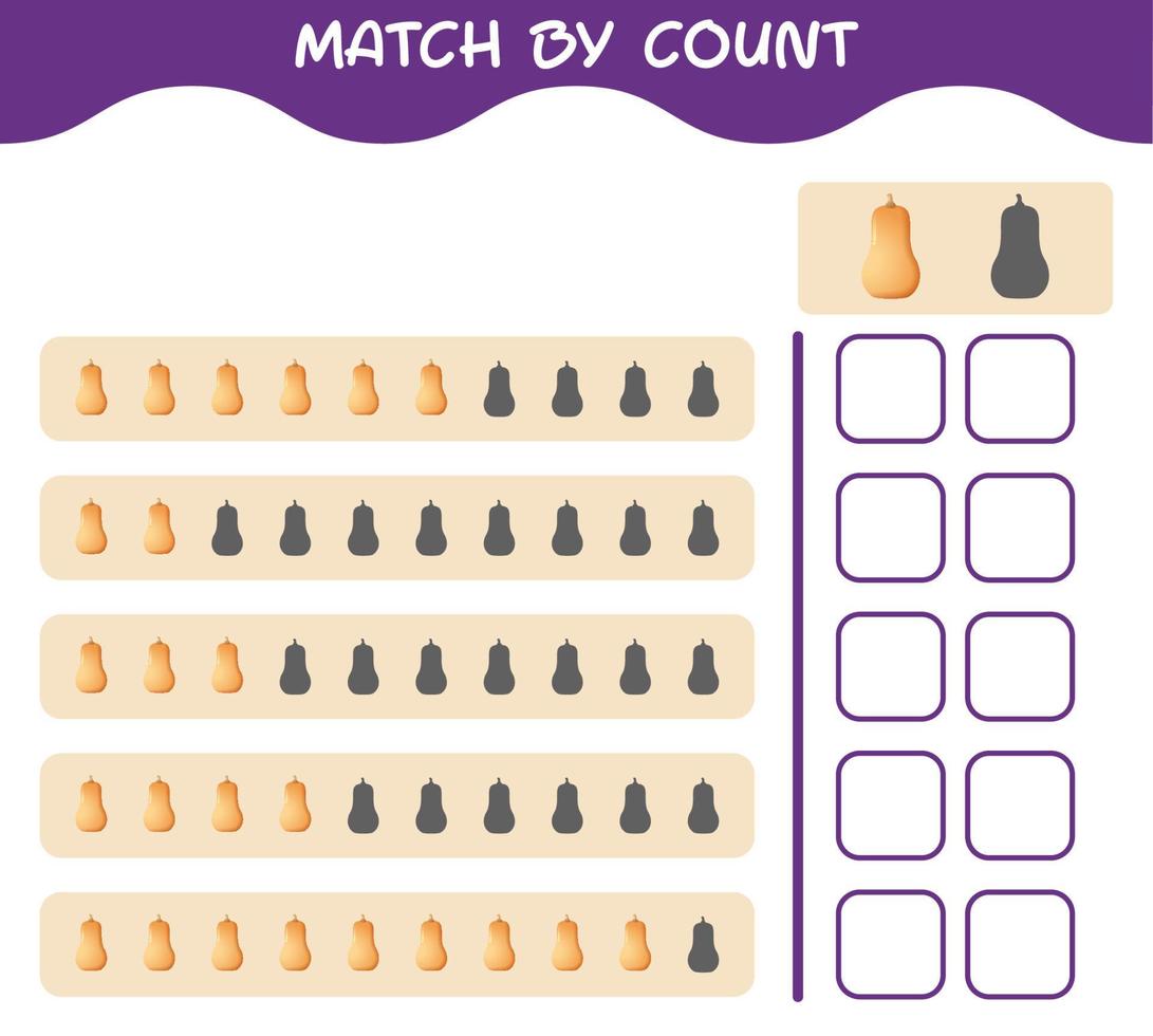 Match by count of cartoon butternut squash. Match and count game. Educational game for pre shool years kids and toddlers vector