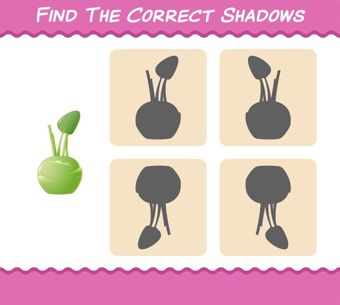 Find the correct shadows of cartoon kohlrabi. Searching and Matching game. Educational game for pre shool years kids and toddlers vector