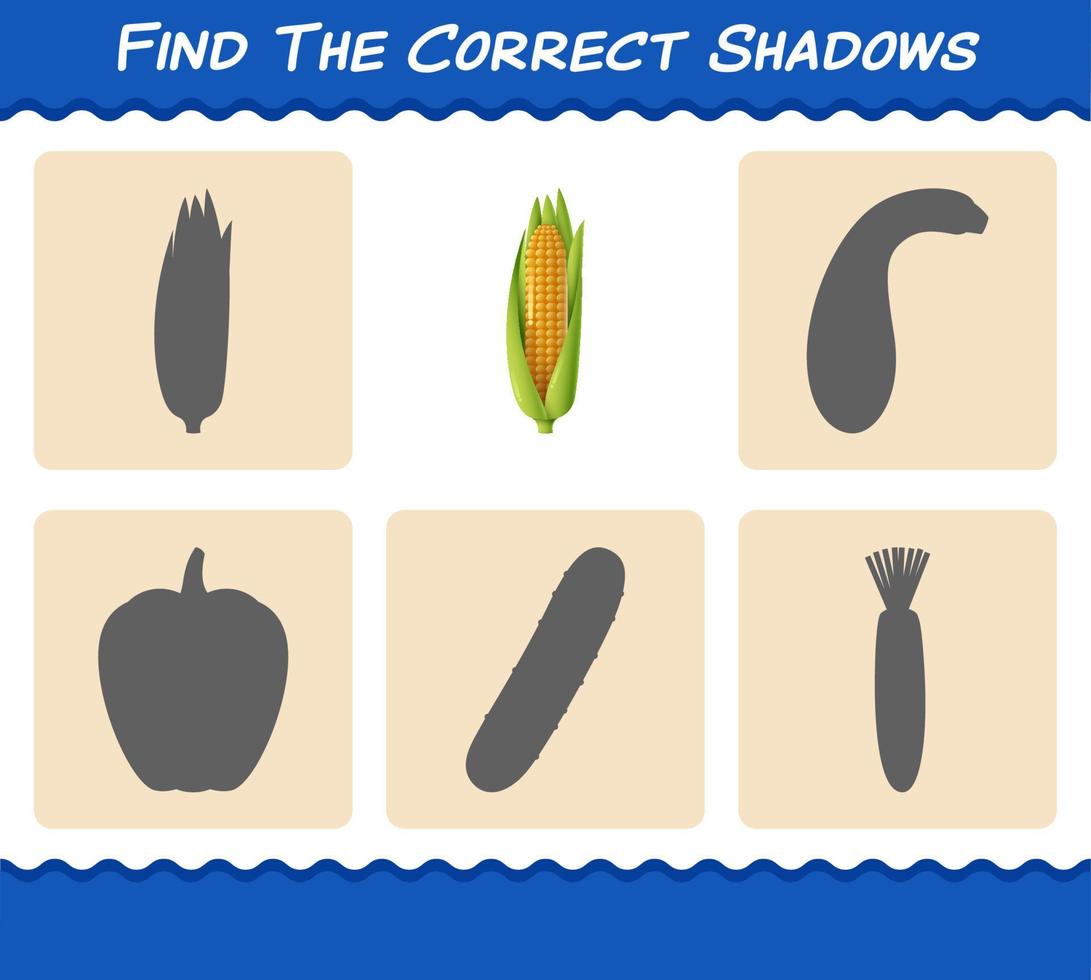 Find the correct shadows of cartoon corn. Searching and Matching game. Educational game for pre shool years kids and toddlers vector