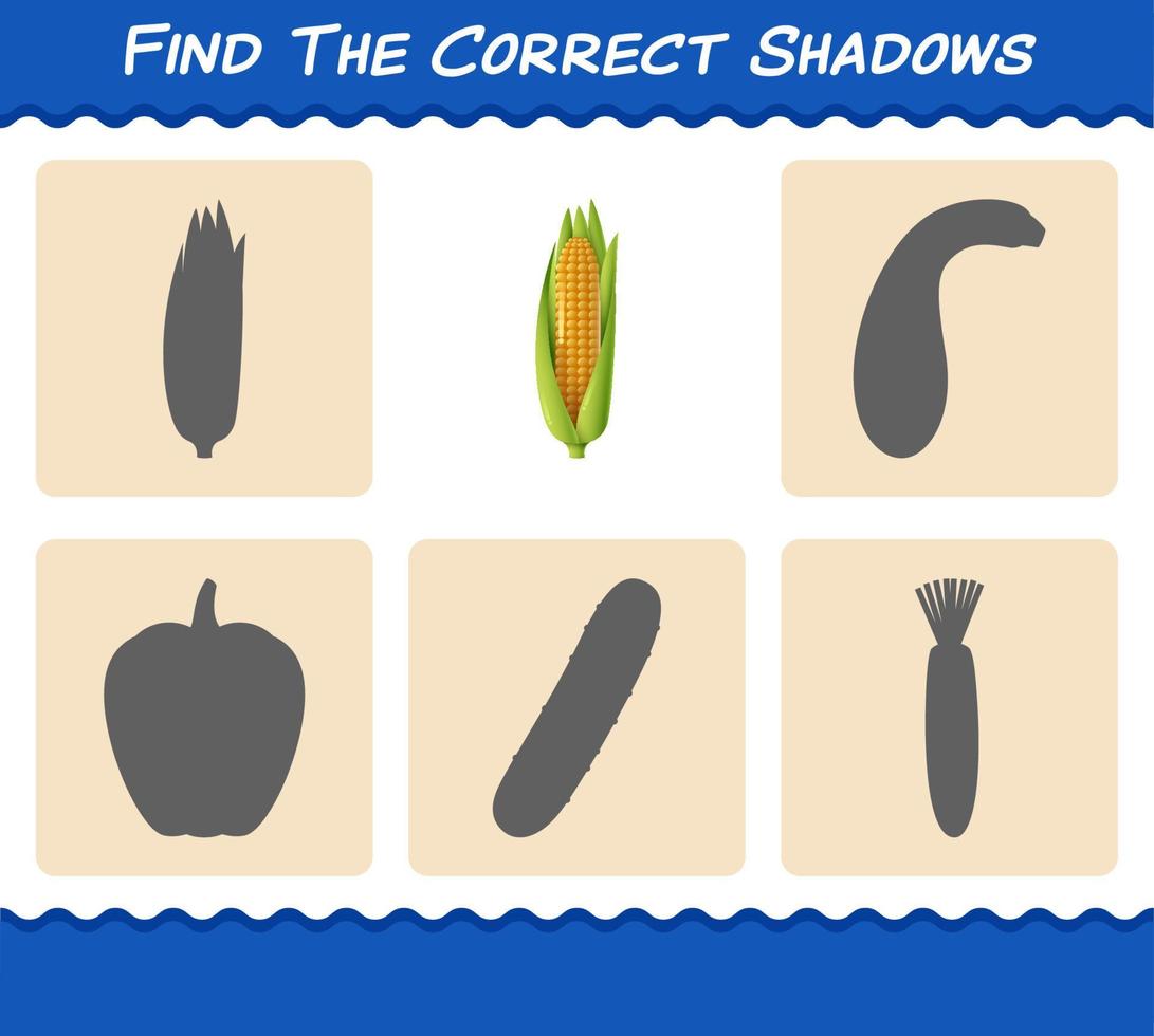 encuentra las sombras correctas del maíz de dibujos animados. juego de búsqueda y combinación. juego educativo para niños y niños pequeños en edad preescolar vector