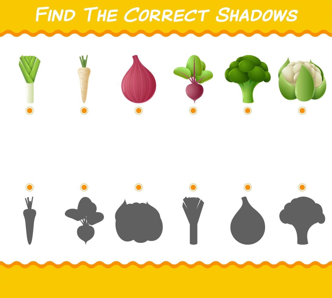 encuentra las sombras correctas de las verduras de dibujos animados. juego de búsqueda y combinación. juego educativo para niños y niños pequeños en edad preescolar vector