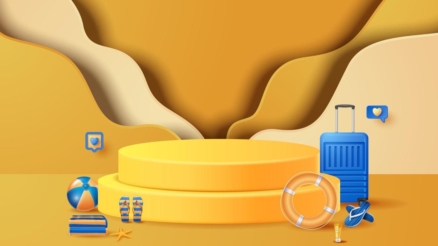 Summer display podium decoration background with beach ornament. Vector 3D Illustration