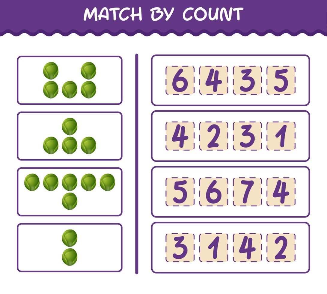 Match by count of cartoon brussels sprout. Match and count game. Educational game for pre shool years kids and toddlers vector