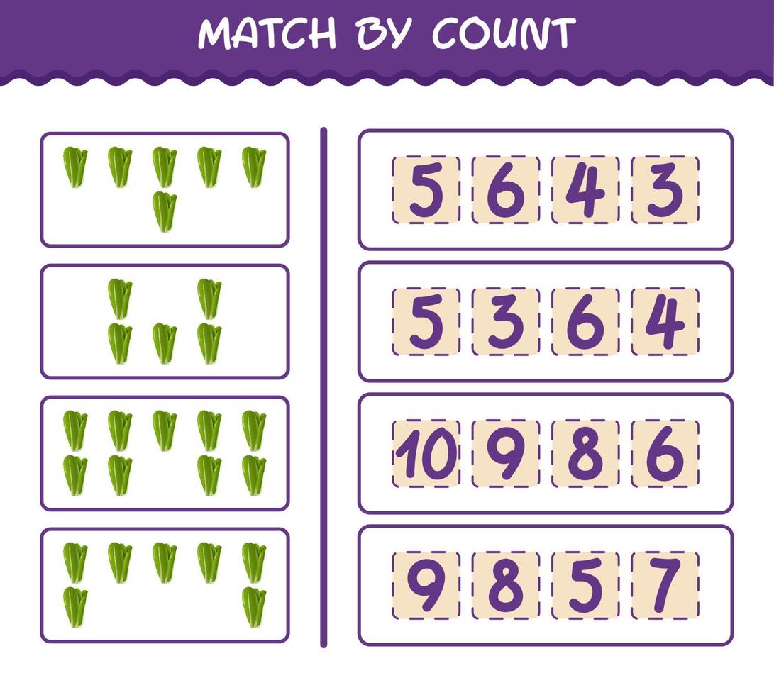 Match by count of cartoon lettuce. Match and count game. Educational game for pre shool years kids and toddlers vector