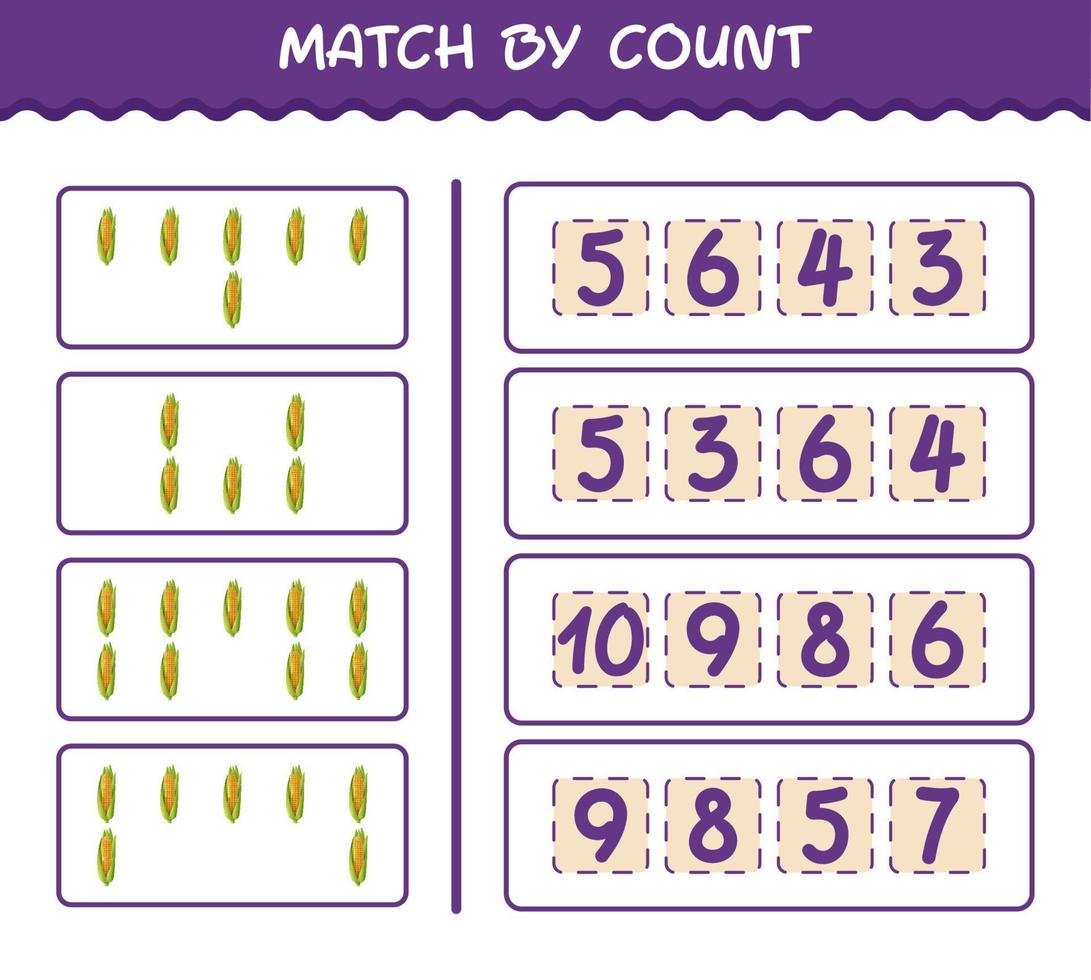 Match by count of cartoon corn. Match and count game. Educational game for pre shool years kids and toddlers vector