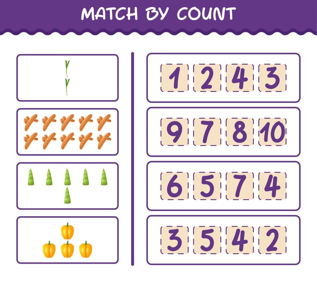 Match by count of cartoon vegetables. Match and count game. Educational game for pre shool years kids and toddlers vector