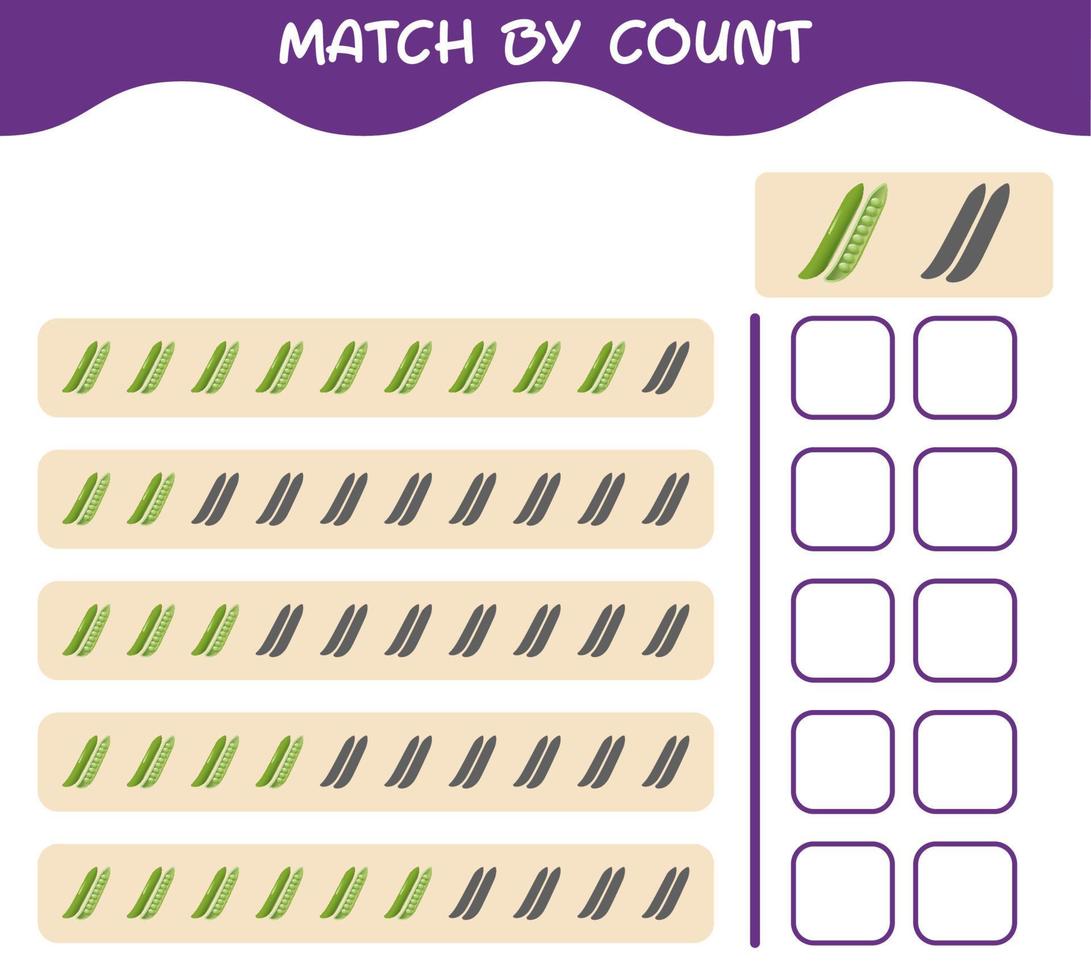 Match by count of cartoon green pea. Match and count game. Educational game for pre shool years kids and toddlers vector