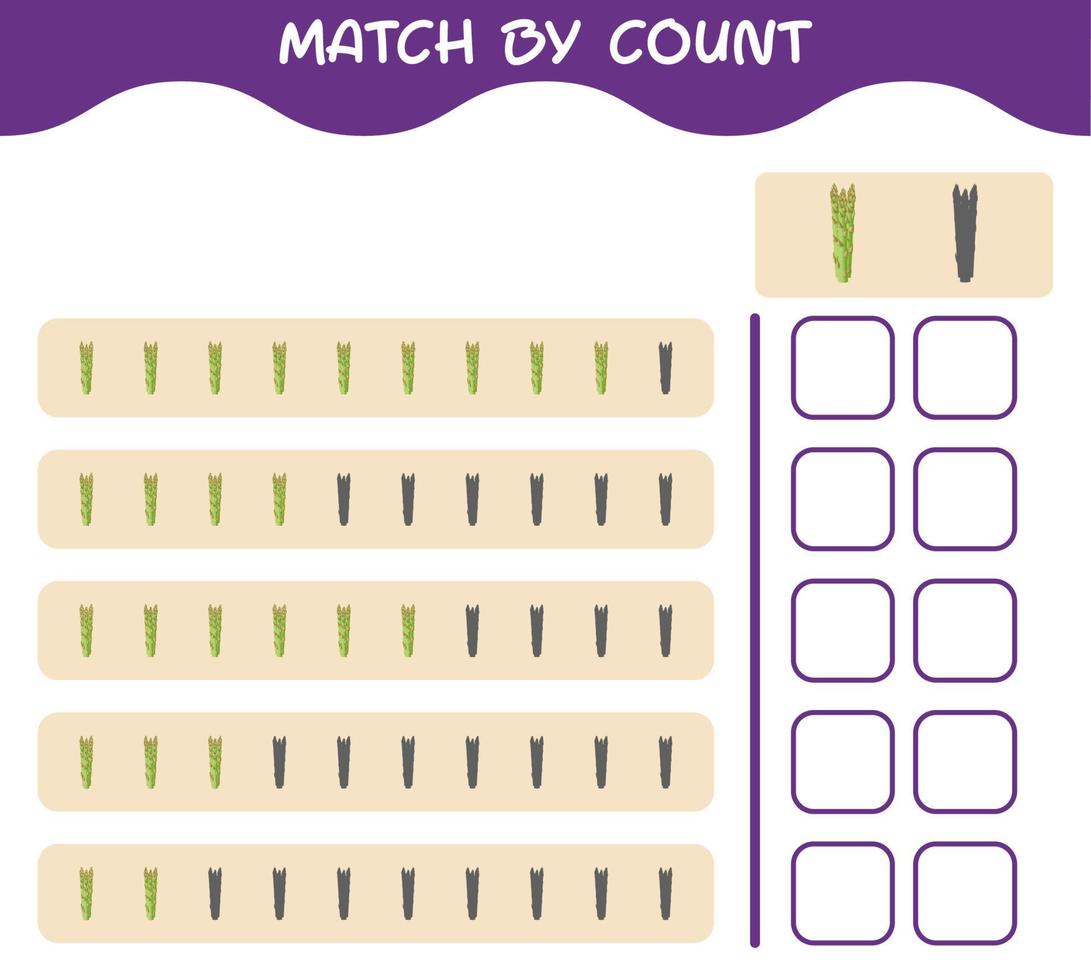 Match by count of cartoon asparagus. Match and count game. Educational game for pre shool years kids and toddlers vector