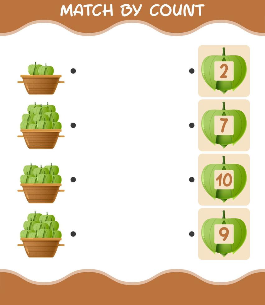 Match by count of cartoon tomatillo. Match and count game. Educational game for pre shool years kids and toddlers vector