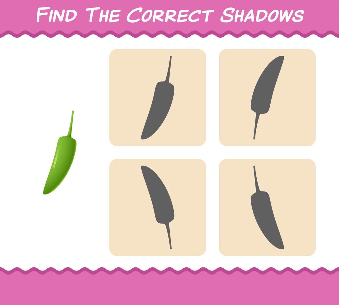 Find the correct shadows of cartoon green chilli. Searching and Matching game. Educational game for pre shool years kids and toddlers vector