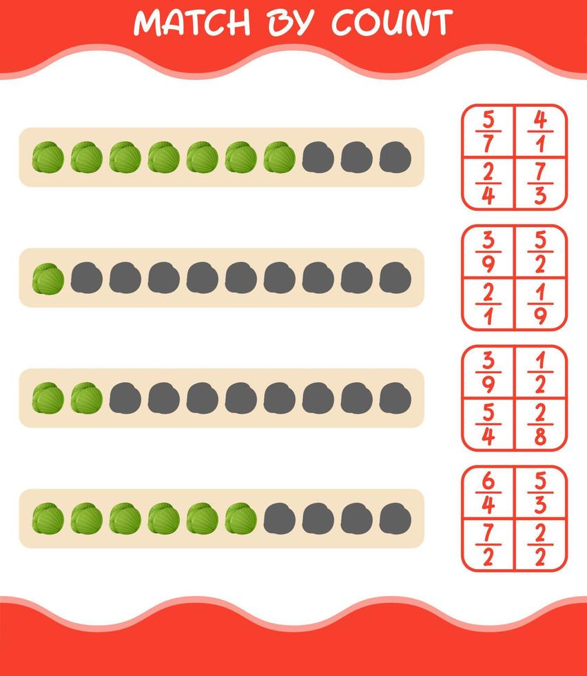 Match by count of cartoon green cabbage. Match and count game. Educational game for pre shool years kids and toddlers vector