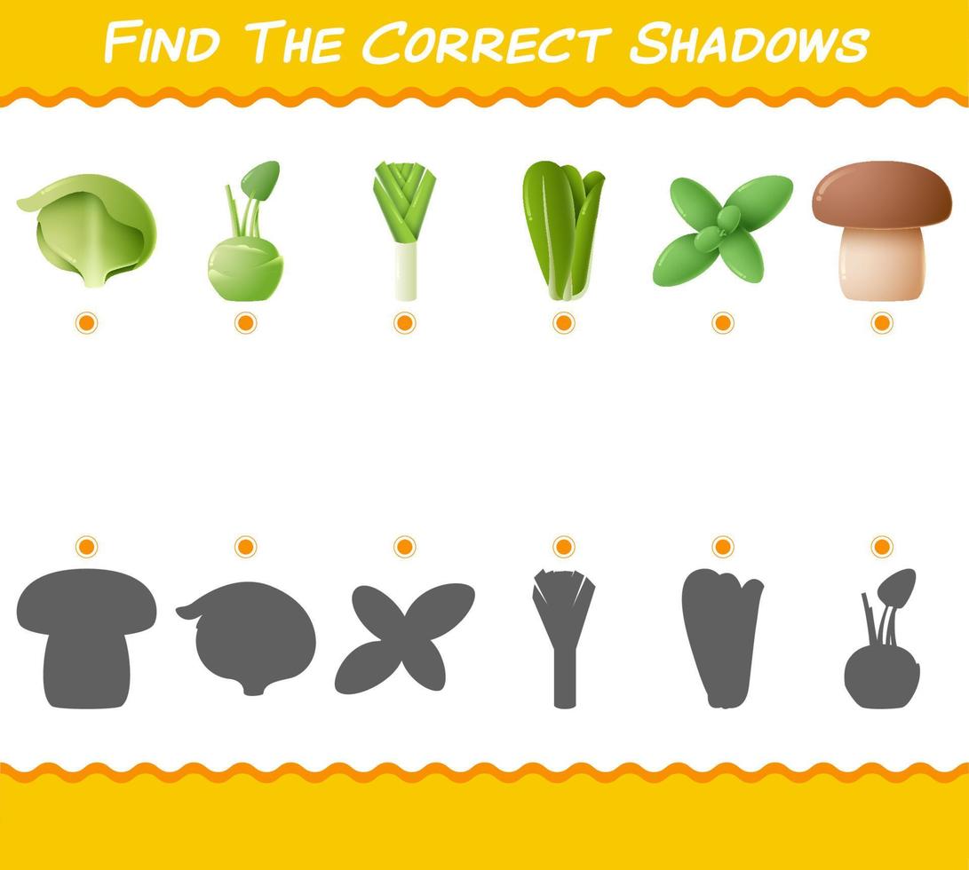 encuentra las sombras correctas de las verduras de dibujos animados. juego de búsqueda y combinación. juego educativo para niños y niños pequeños en edad preescolar vector