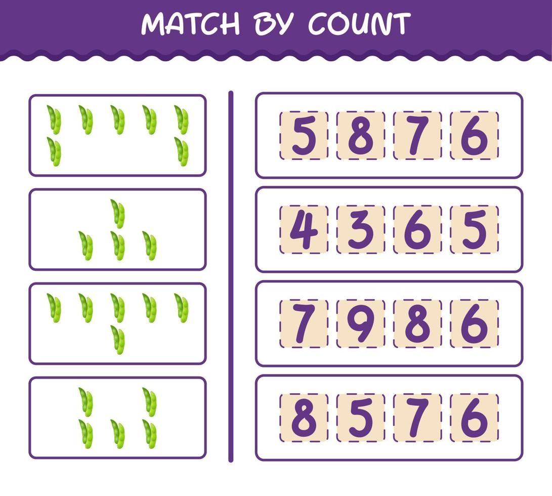 Match by count of cartoon edamame. Match and count game. Educational game for pre shool years kids and toddlers vector