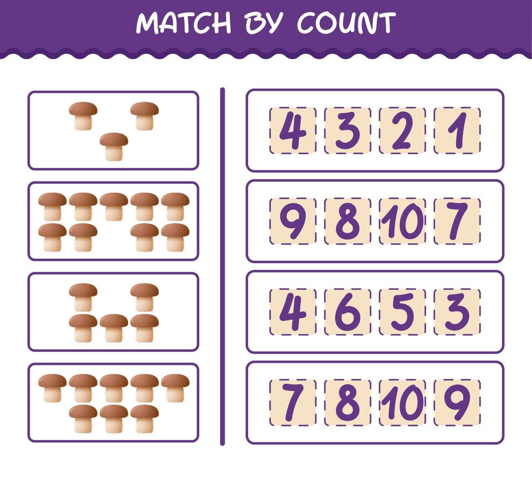 Match by count of cartoon mushroom. Match and count game. Educational game for pre shool years kids and toddlers vector