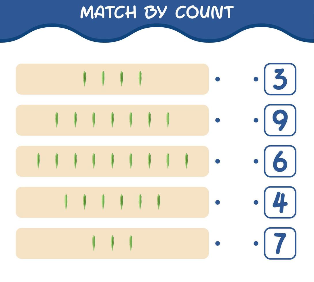 Match by count of cartoon okra. Match and count game. Educational game for pre shool years kids and toddlers vector